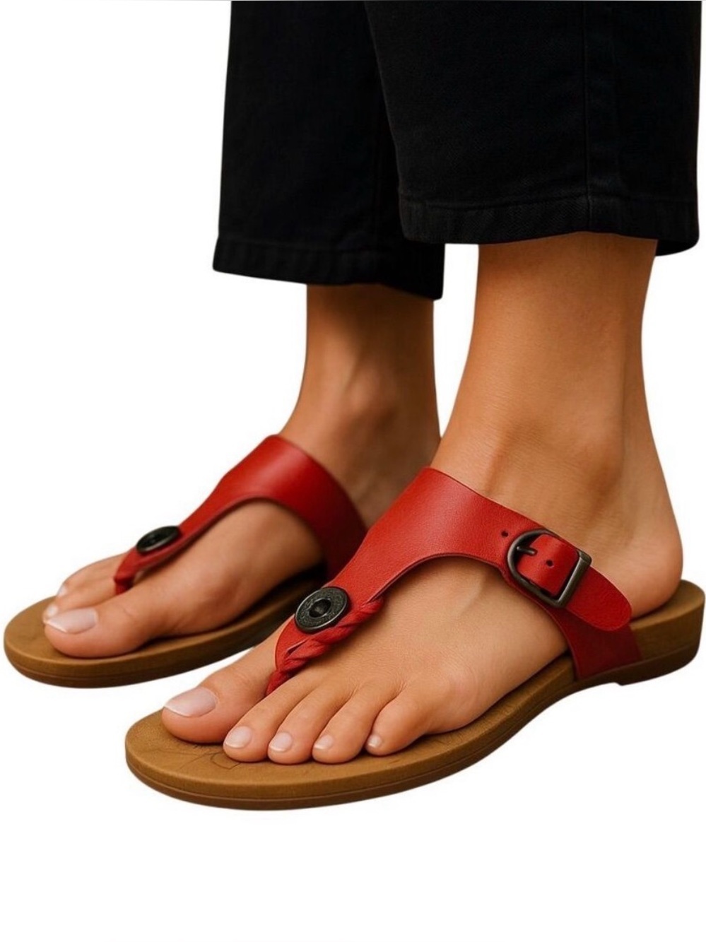 Malibu Red Leather Toe-Post Sandals with Buckle Detail